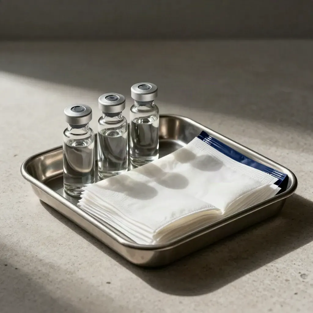Stainless tray, glass vials, and gauze packs on pale stone with a navy accent.
