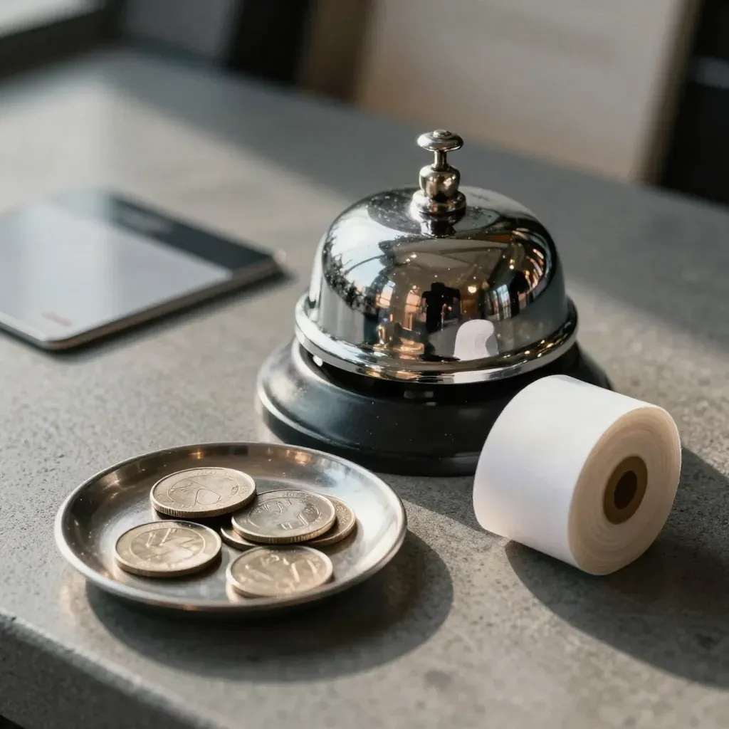 Chrome till bell, coin tray and receipt core on a concrete counter after closing.