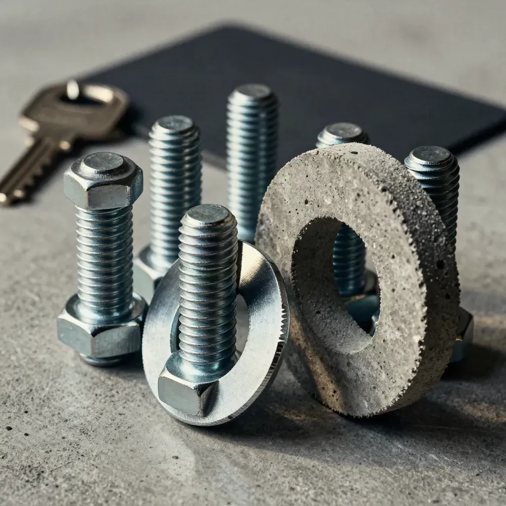 Galvanised bridge bolts, steel offcut, and concrete core ring on brushed concrete.
