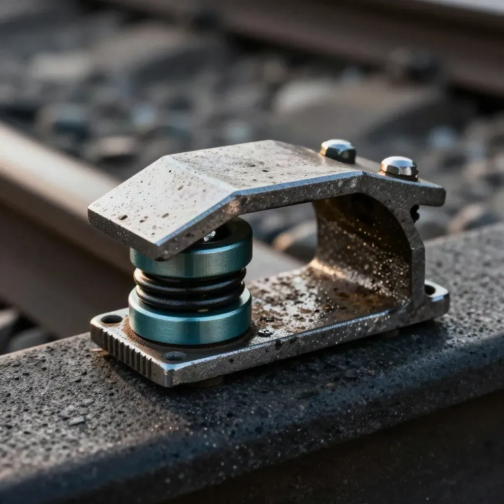 Rail clamp, washer stack and teal spacer on dark basalt in hard side light.
