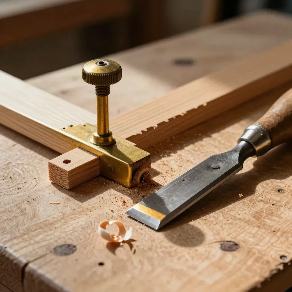 Macro still life of a brass marking gauge, oak offcuts, and a steel chisel on a workshop bench.