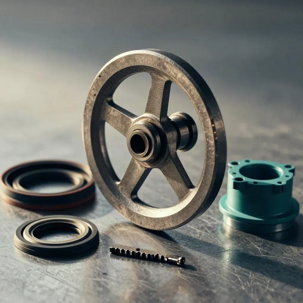 Macro still life of a cast aluminium valve wheel, gasket rings and cable gland on brushed metal.