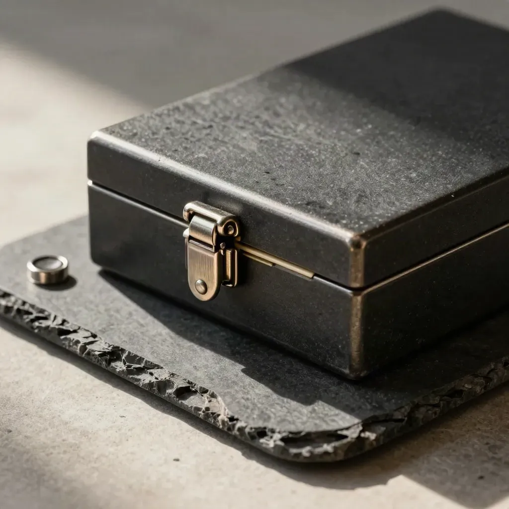 Closed file box with dividers and paperweight on stone, tight overhead macro