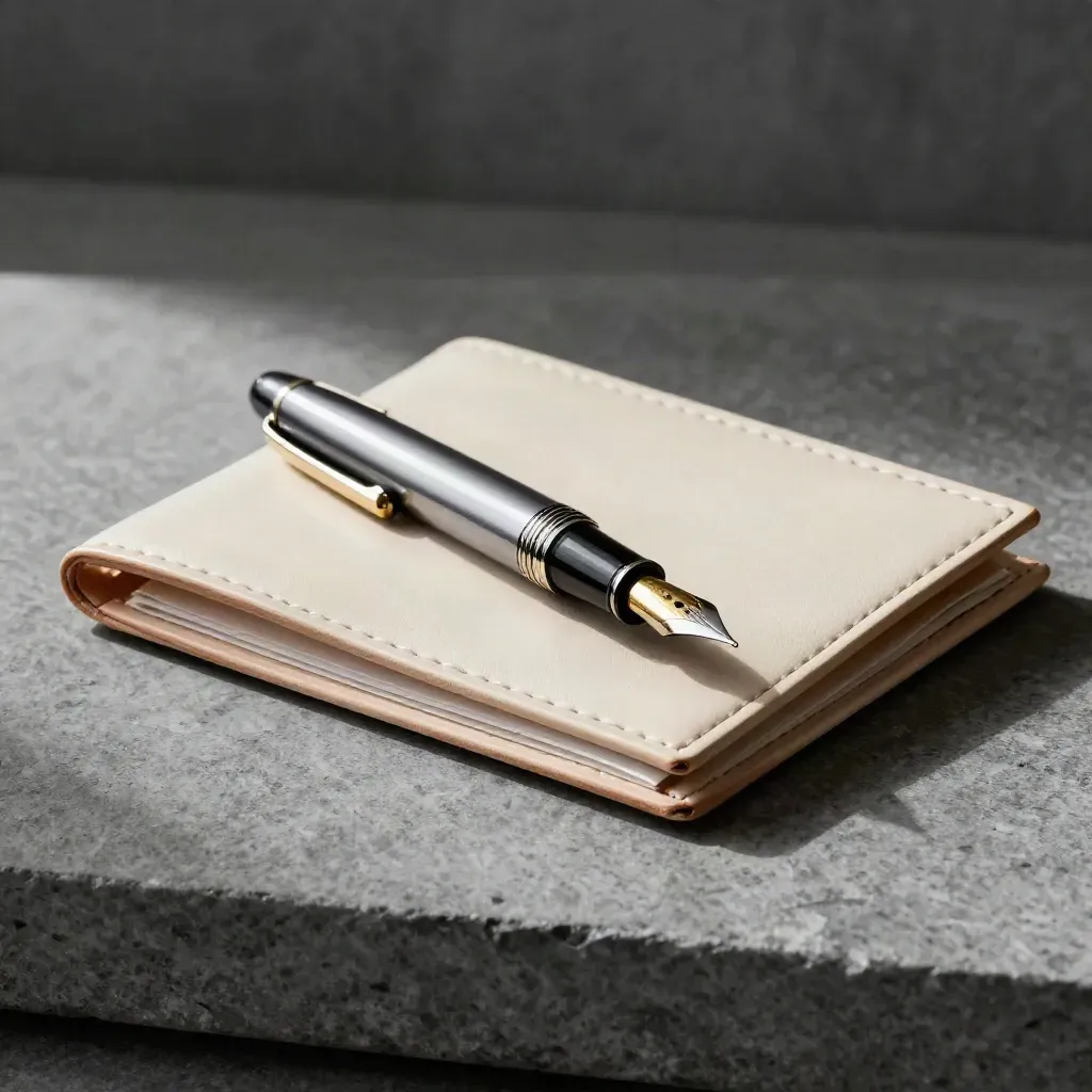 Fountain pen, brass seal stamp and cream signing wallet on stone, lit dramatically.