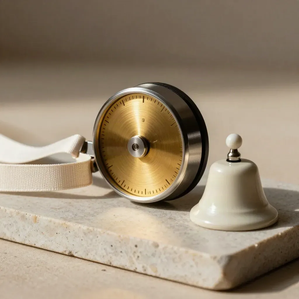 Brass reminder wheel with a small bell and ribbon markers on pale stone.