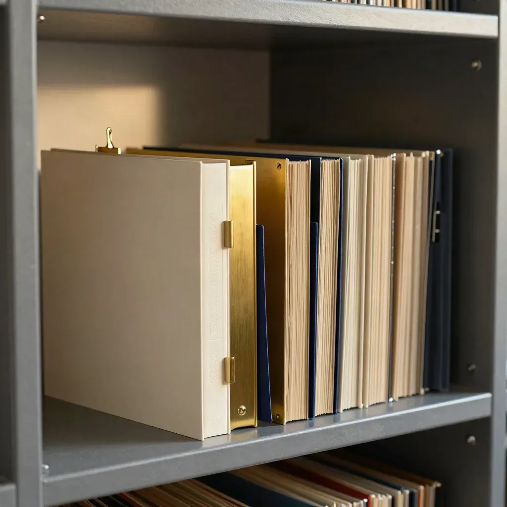 Brass dividers sliding into neat binder inserts on a graphite shelf in soft dramatic light.
