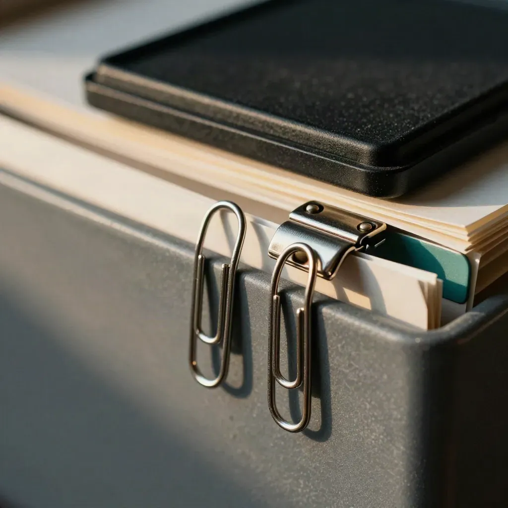 Paper clips and approval clamps route a folder beside a black stamp pad.