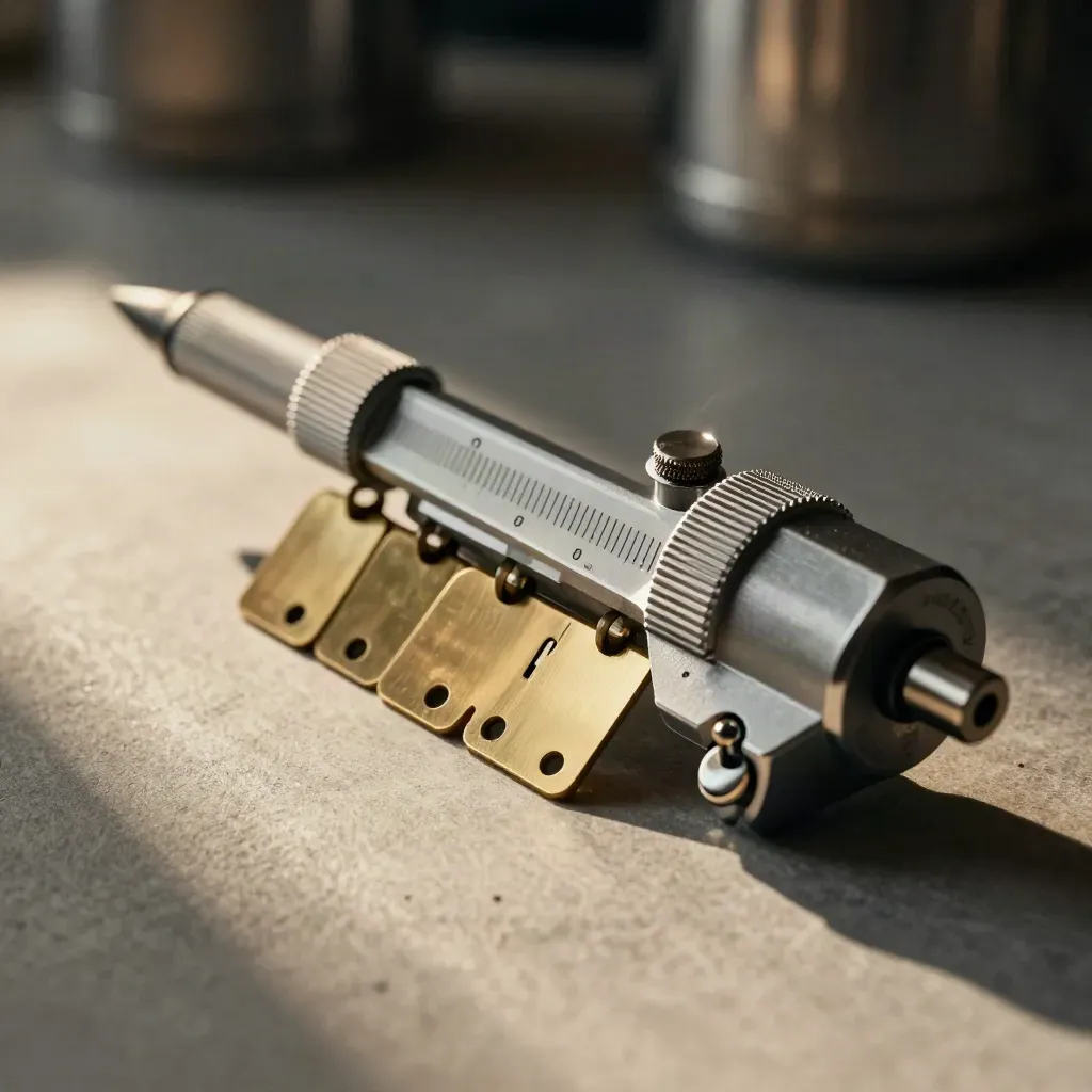 Inspection gauge with brass tags and a seal ring on brushed steel, dramatic studio still life.