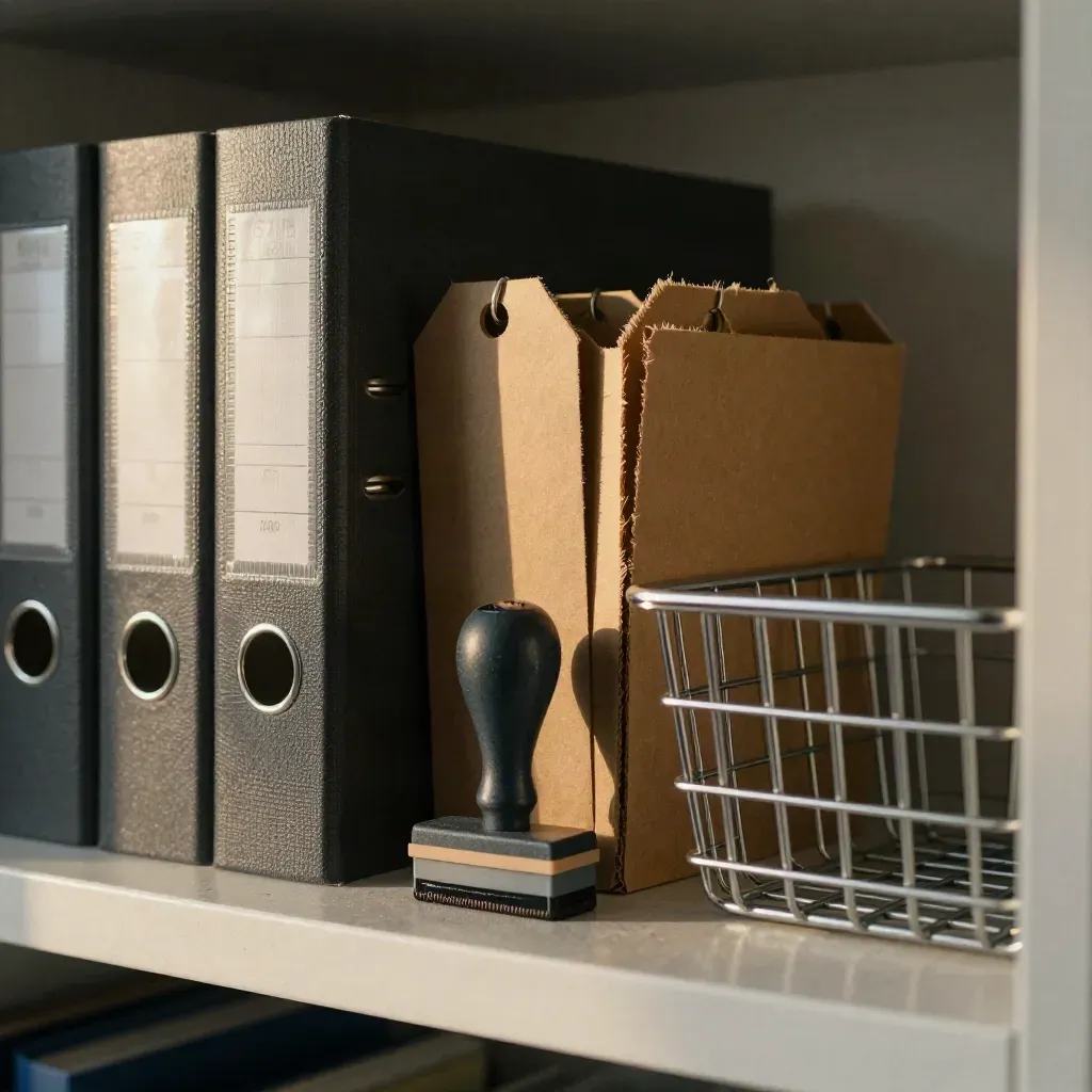 Macro of a binder, stamp, archive tags and file basket on a shelf, lit from upper left.
