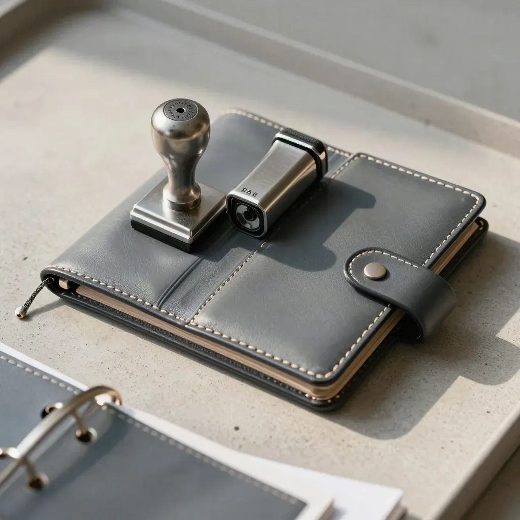 Top-down macro of a freelancer document wallet, pocket date stamp and pen case on cool concrete.