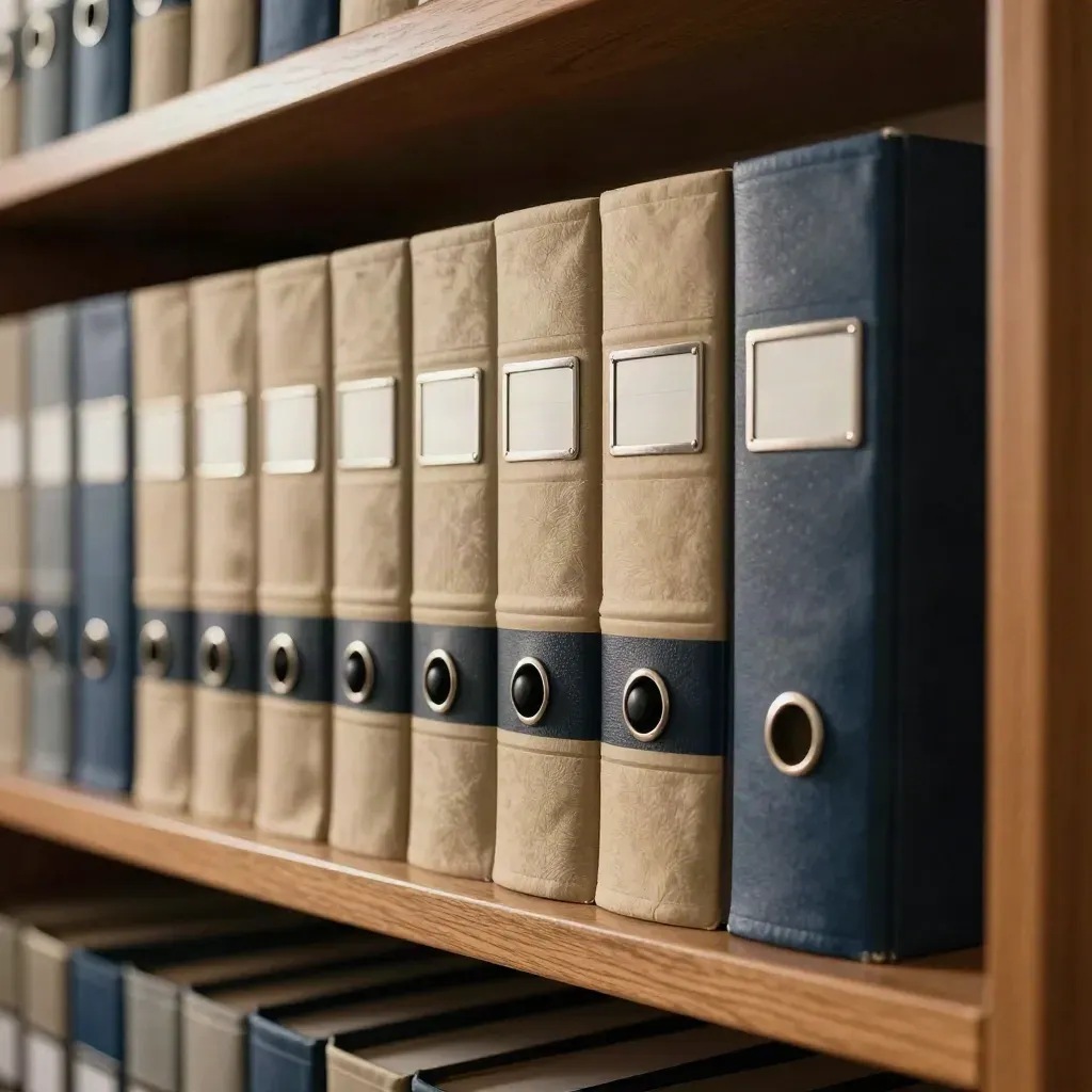 Archive shelf with heavy case files, approval stamp, and blank metal label windows in dramatic light