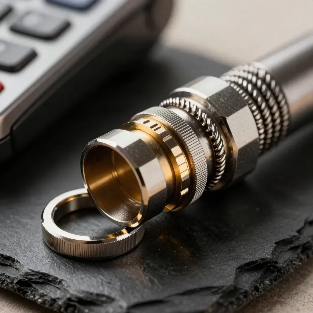 Macro of metal connector, locking rings and ferrule on black slate with gold highlights.