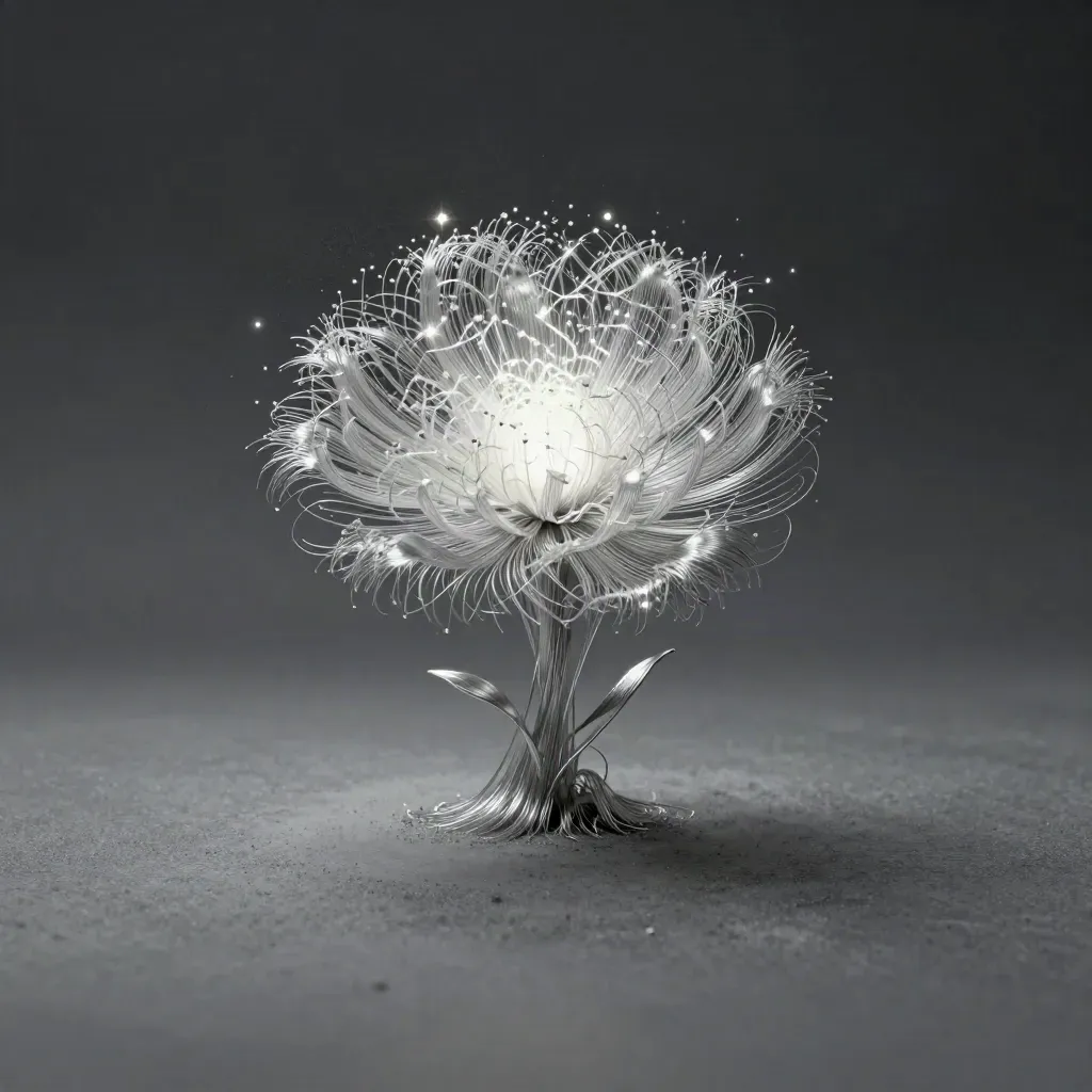 Silver filaments converge into a soft white glow in a dark graphite void.
