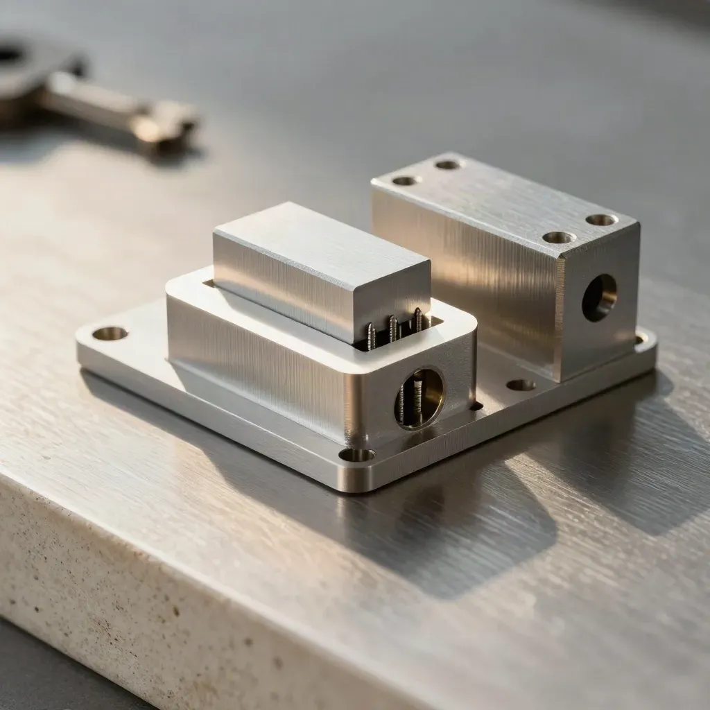 Stepped aluminium connector blocks and pins mid-assembly on brushed steel.