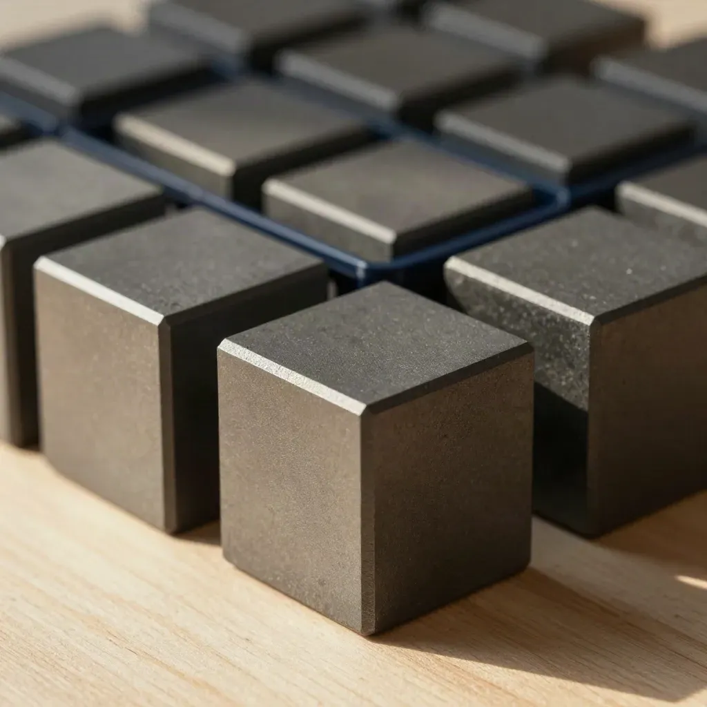 Top-down close-up of graphite modular cubes linked by a navy bar on pale wood